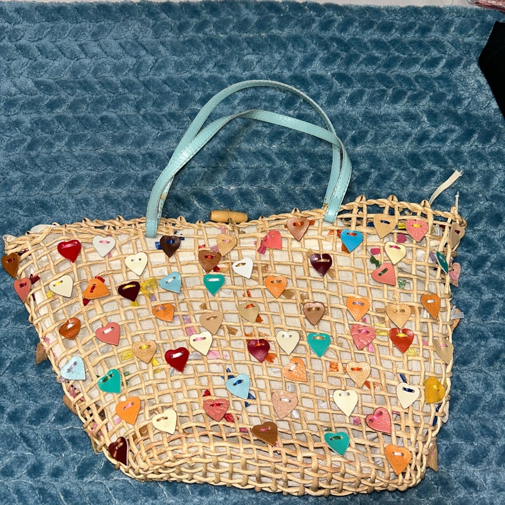 Serpui Marie Open Weave Straw Tote Bag with Leather Heart Detail